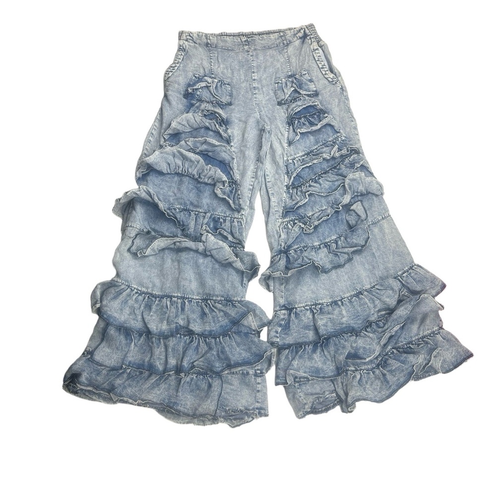 Ruffled Wide-Leg Denim Jeans - Light Blue